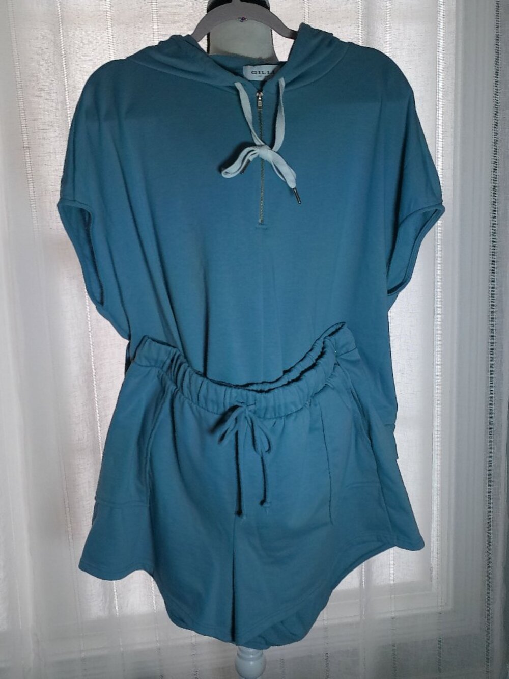 GILLI (2) Piece Set Hooded Short Slve Top & Stretch Waist Shorts Medium Blue 2XL